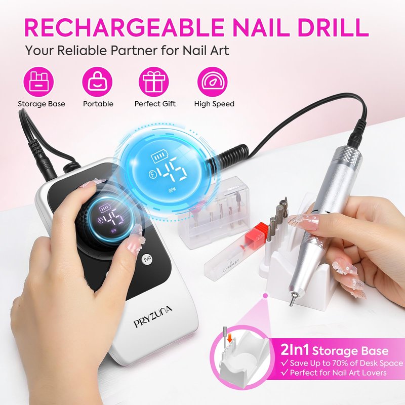 Professional Electric Nail Drill File: 45000RPM Portable Rechargeable Nail E File Machine for Acrylic Nails Gel Polishing, Cordless Efile with 7 Drill Bits, 56 Sanding Bands for Manicure Salon Home