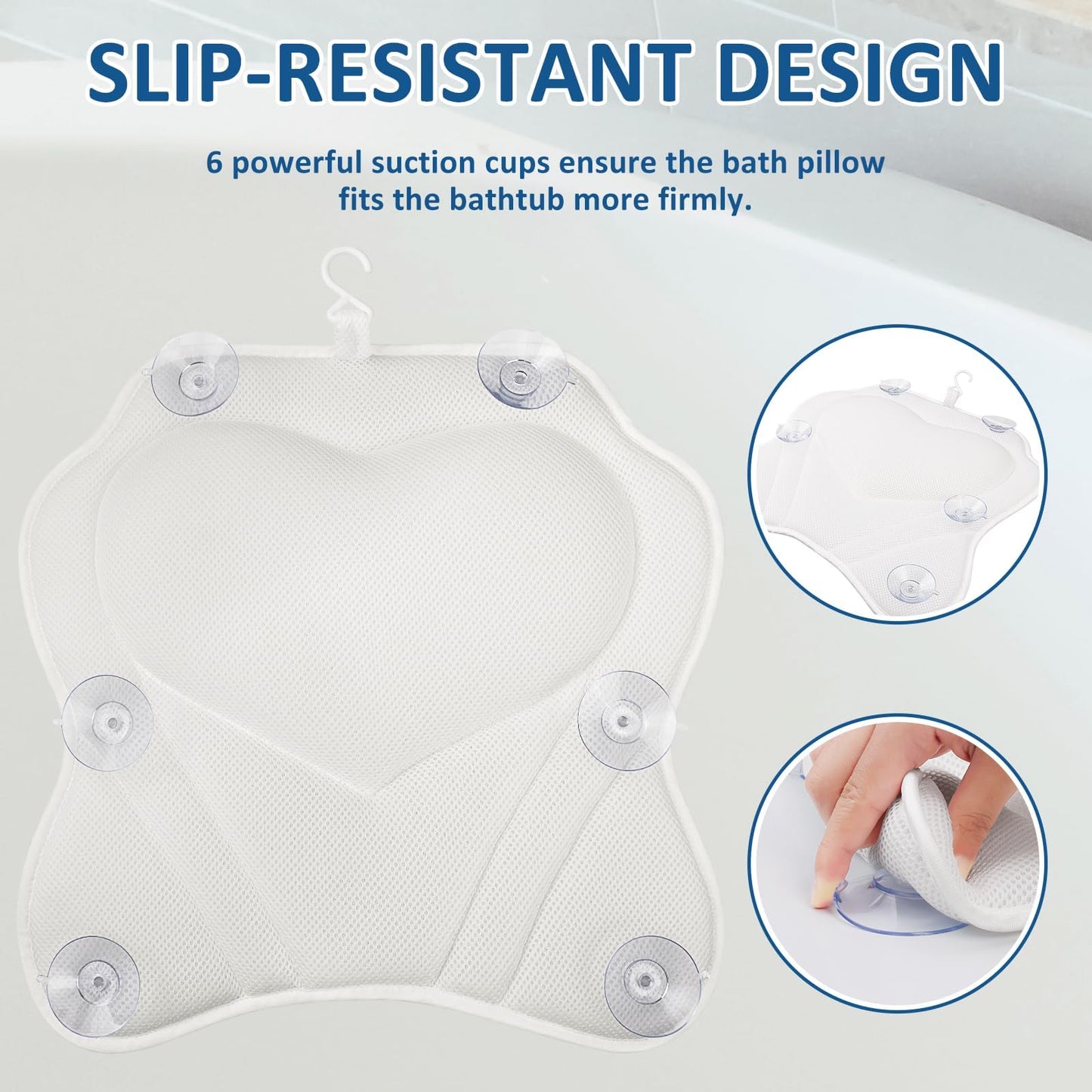 LuxStep Bath Pillow-Bathtub Pillow with Air Mesh Fabric & 6 Non-Slip Suction Cups, Bath Pillows for Tub Head, Neck and Back Support, Bath Accessories Spa Gifts, White