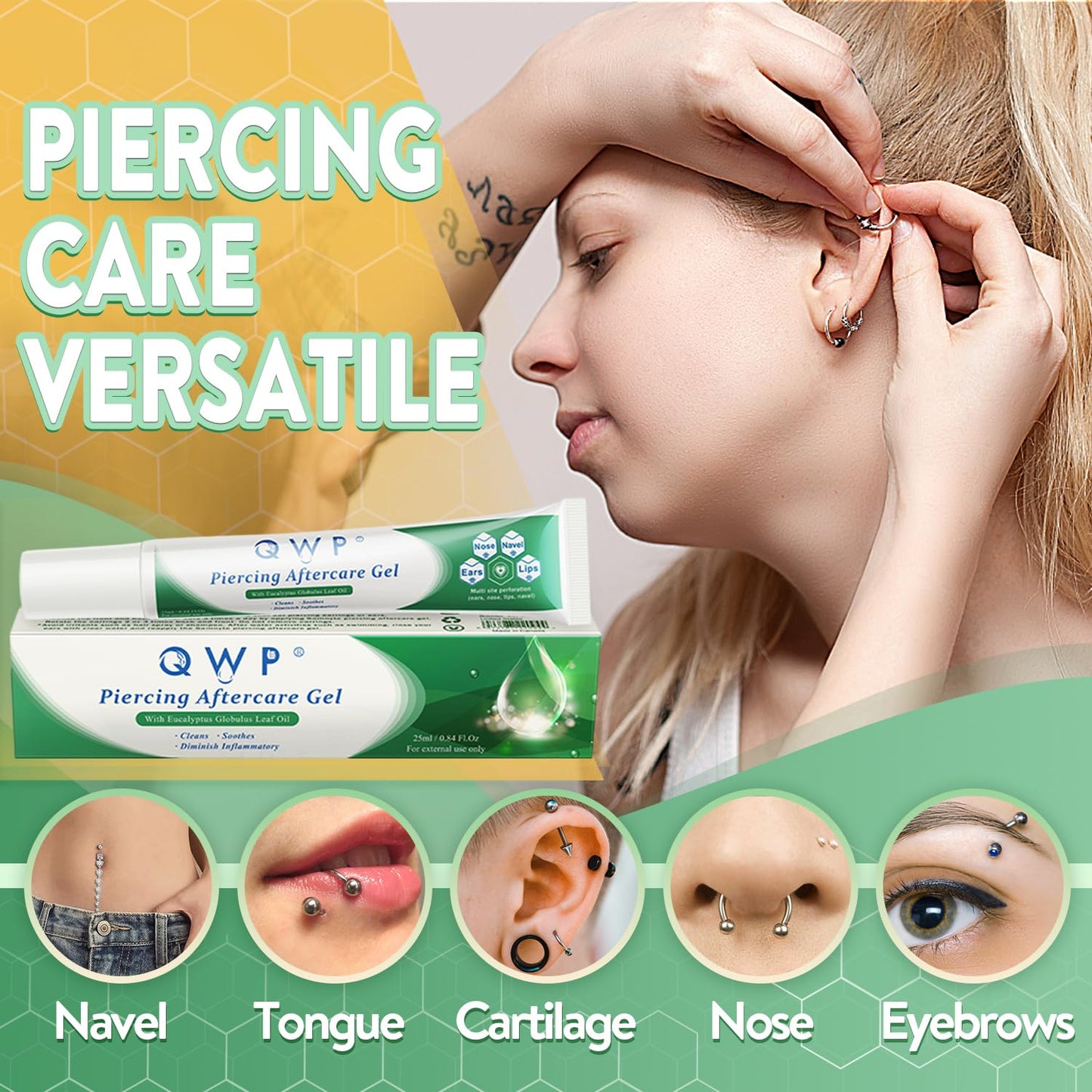 QWP Ear Piercing Cleaner | Piercing Bump Treatment | Piercing Cleaner | Piercing Aftercare | Piercing Bump Solution | Piercing Aftercare Gel for Ear, Nose, Belly and Body Piercings - 25ml