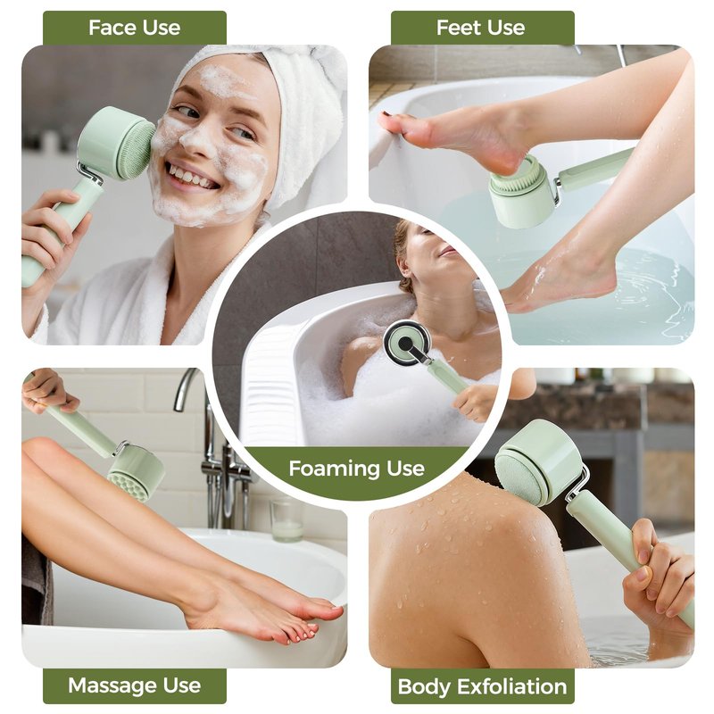 Mesiiloly Electric Body Bath Brush for Shower, Rechargeable Body Brush with Detachable Long Handle and 5 Heads, 3 Speeds Bath Brush for Skin Care, Basic Cleaning and Massage (Sliver)