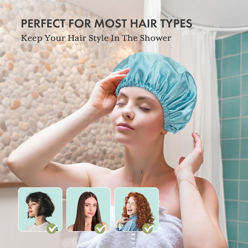 AmazerBath Shower Cap - 4 Pack Reusable Waterproof Hair Caps | Double Layered, Elastic Design for Adults & Kids