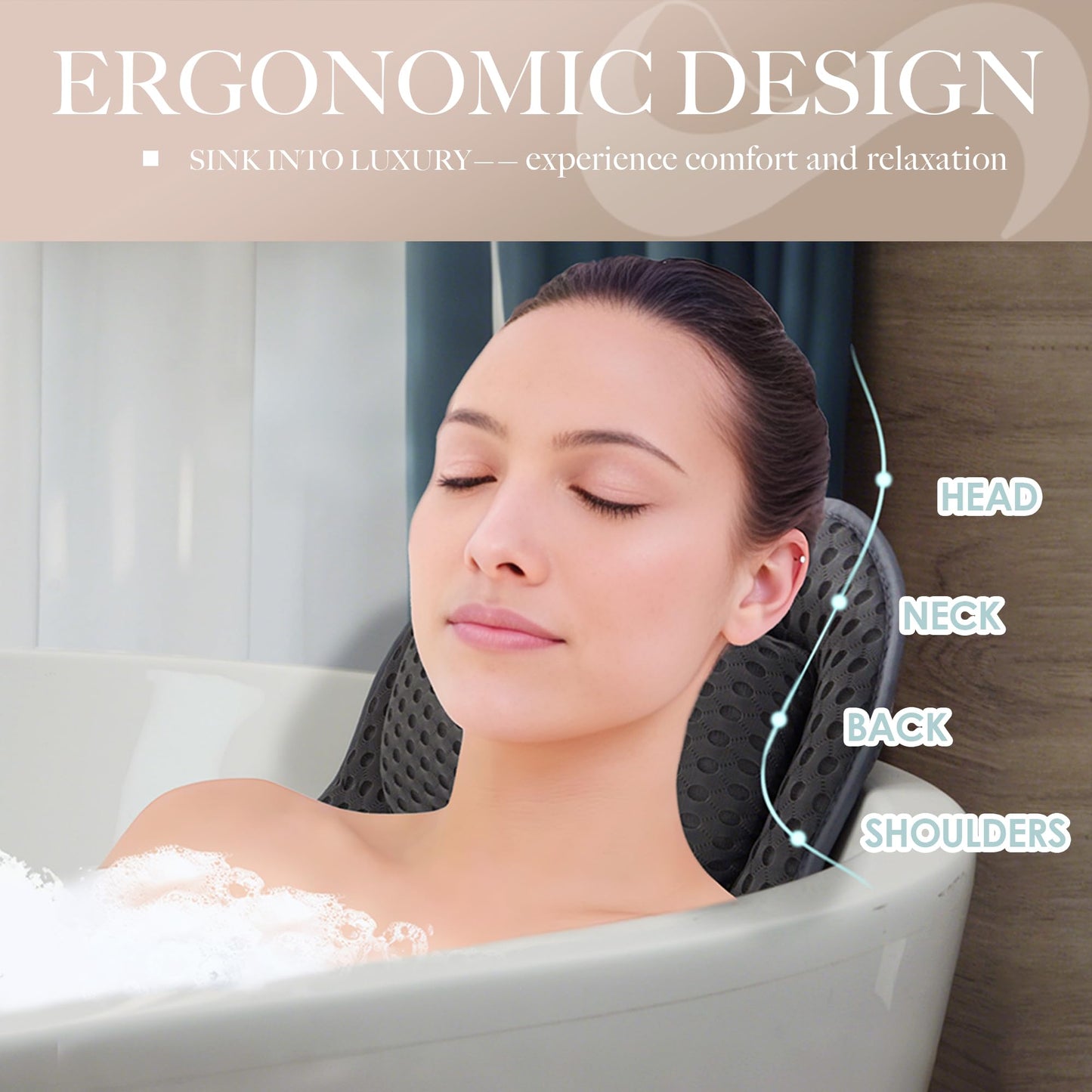 Joeyset Bath Pillow for Tub, 4D Air Mesh Breathable Fabric, Soft Supportive Bathtub Cushion for Head Neck Back, Ergonomic Spa Pillow with Strong Suction Cups, Quick-Drying, Machine Washable (Gray)