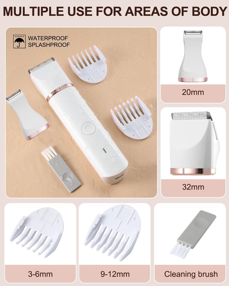 Bikini Trimmer for Women,Painless Electric Razor & Body Shaver for Pubic Hair,IPX7 Waterproof Hair Trimmer Women with Ceramic Blades,USB Rechargeable,Wet/Dry Use,Gifts for Women（White）