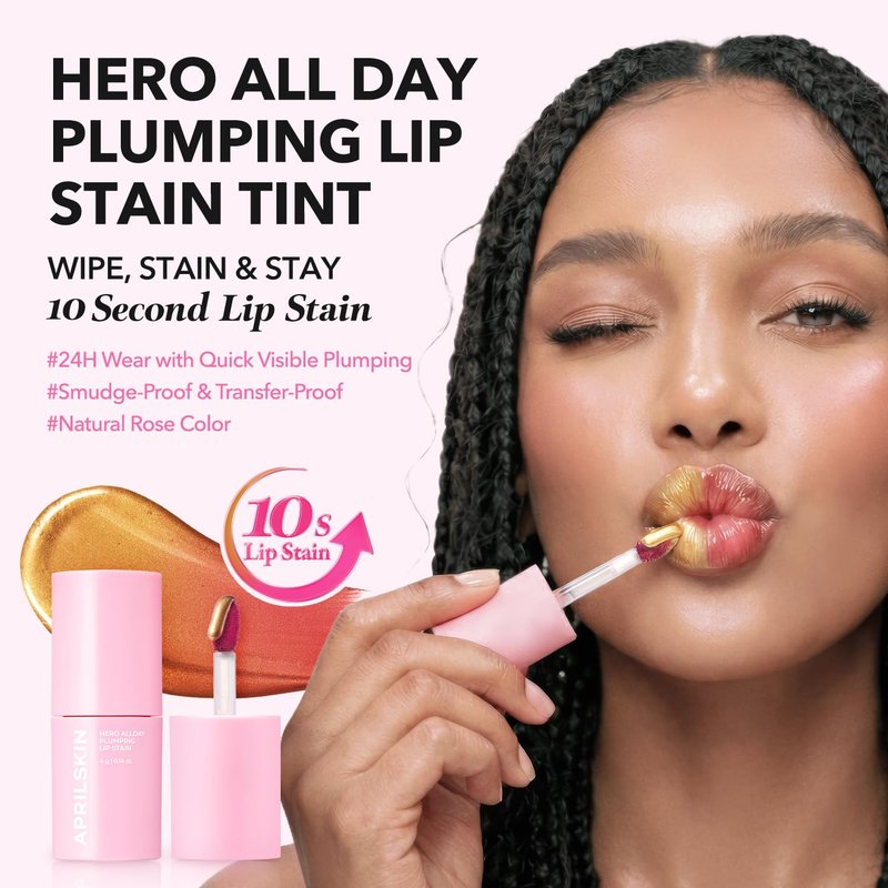 APRILSKIN Hero All Day Plumping Lip Stain | 24H Long-Lasting | Quick Visible Plumping for Fuller-Looking Lips | Smudge-Proof & Transfer Proof Wipe-Off Tint | Natural Rose | 0.14oz
