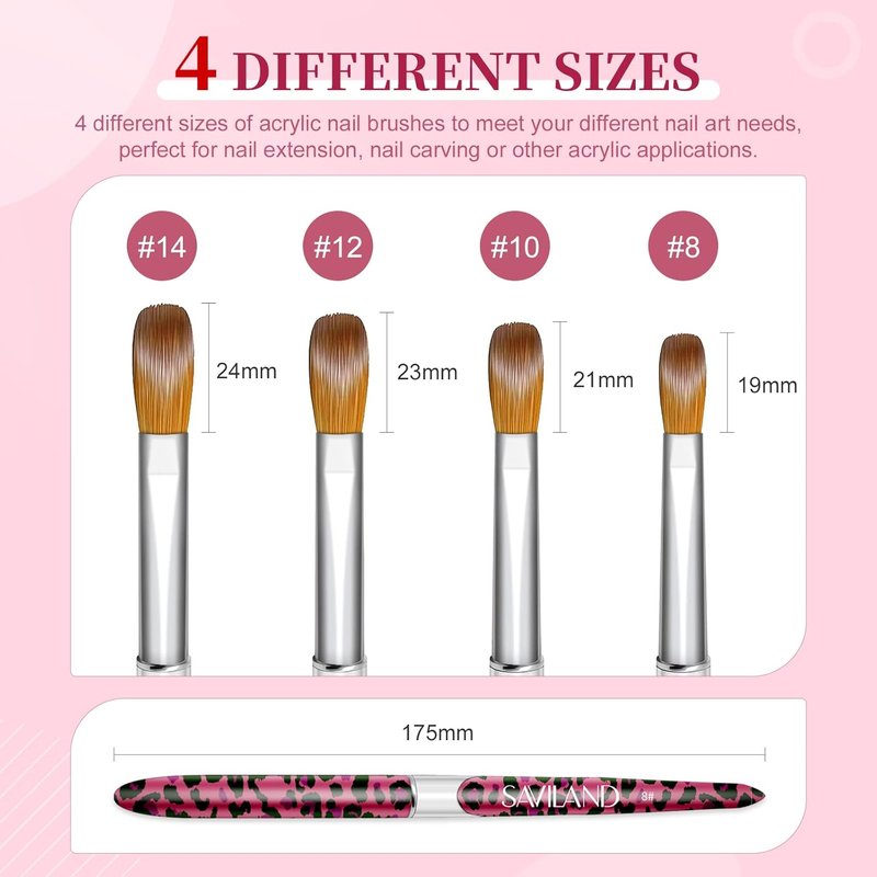SAVILAND Kolinsky Acrylic Nail Brush Set - Professional Brushes for Acrylic Powder & 3D Art | Sizes 8/10/12/14