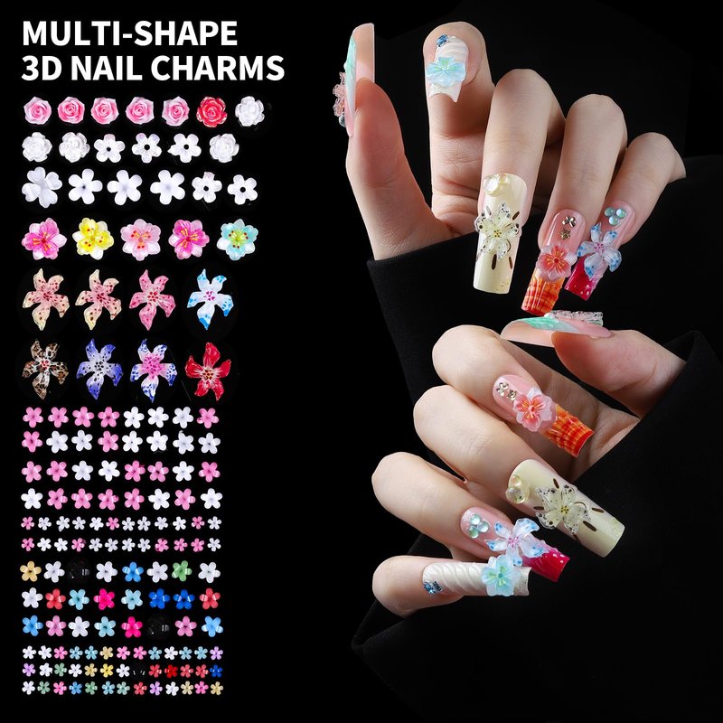 FAMDAMEI 24 Grid Nail Charms, Nail Art Kit with Multi Shapes Nail Charms and Gems, Flatback AB Nail Rhinestones Gold Nail Pearls, Charms Y2K for Nails, 3D Hawaii Flowers Nail Jewels for Nail Design
