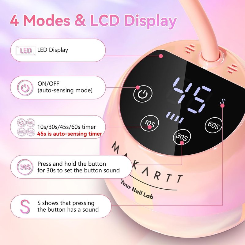 Makartt UV LED Nail Lamp - Cordless Gooseneck Light with Auto Sensor & 4 Timer Settings | Fast Curing in Glazed Pink