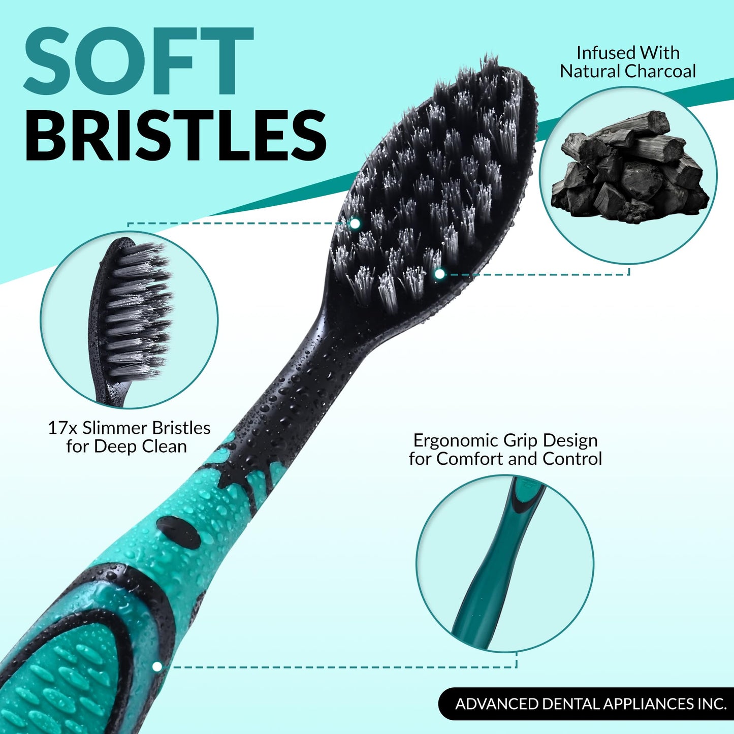 ROTATING BRUSH ADA Cavity Defense Activated Charcoal Toothbrush 5 Pack Ultra-Soft Flosspick Bristle for Sensitive Teeth & Gums, Aids in Teeth Whitening, Extra Soft, Easy Grip (5 Count)