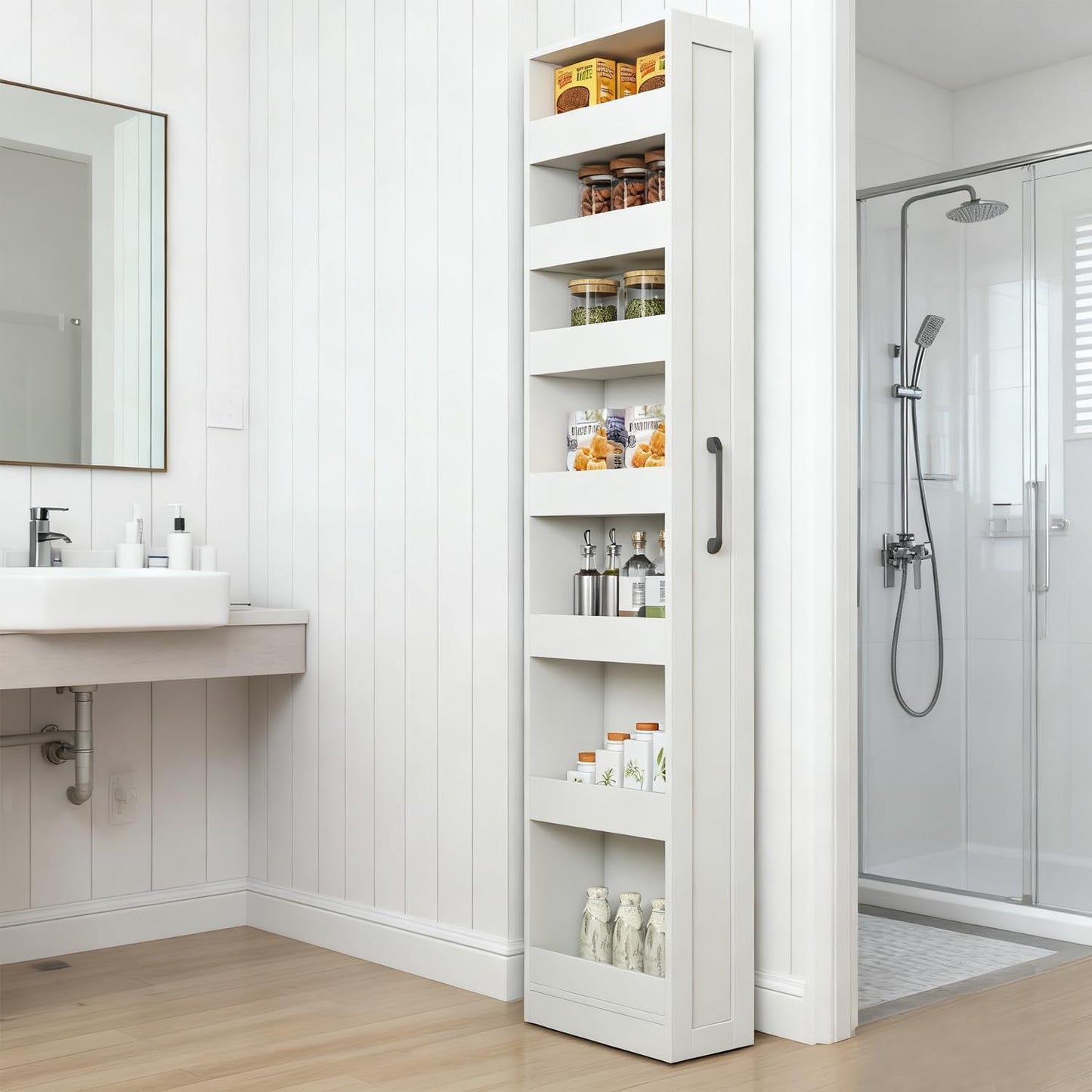 WSLUKVII 7-Shelf Tall Narrow Storage Cabinet, Slim Bathroom Cabinet with Handles, 71 Inch Tall, 8 Inch Wide for Small Space, Kitchen, Bathroom, Laundry Room, White