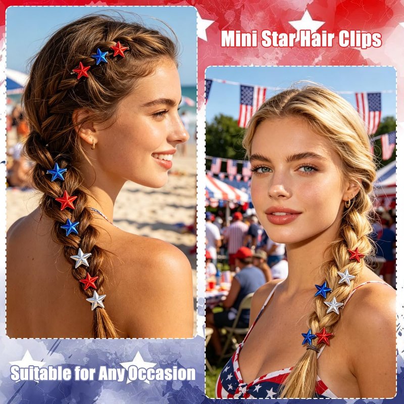 Red White Blue Mini Star Hair Clips 15 Pcs Patriotic 4th of July Hair Accessories for Women Y2K Acrylic Snap Hair Barrettes for Braids Dreadlocks, Independence Day USA Flag Hair Pins for Party Decor