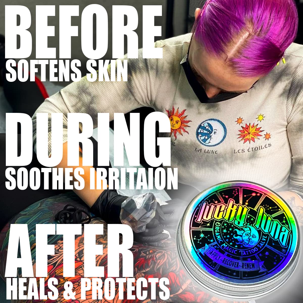 LuckyLuna Complete Tattoo Care Bundle, Aftercare Kit, Includes Foaming Soap, 1oz Organic Magic Salve, Tattoo and Body Lotion, Professional Healing