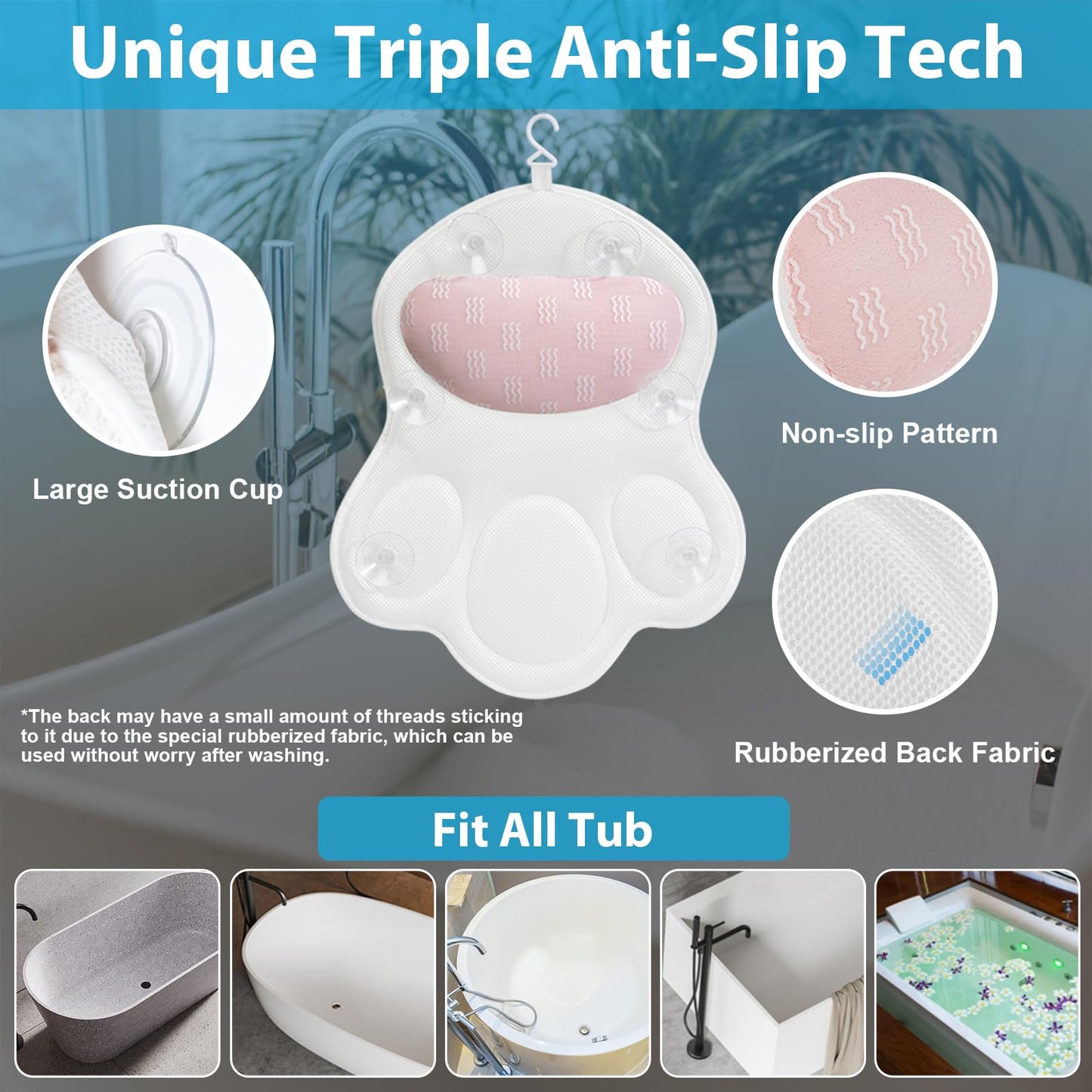 JUSDOO Bath Pillows for Tub Neck and Back Support - Upgraded Non-Slip Rubber Backing & 6 Suction Cups, 4D Air Mesh Spa Bathtub Cushion for Head Rest, Machine Washable with Laundry Bag & Hook(White)