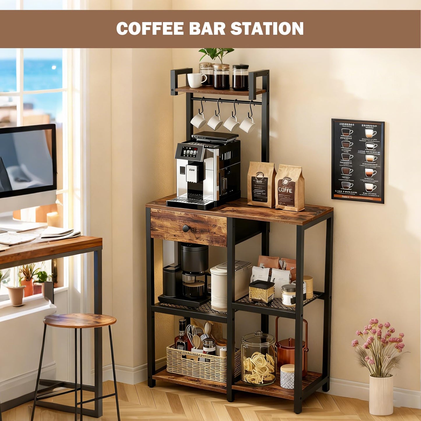 Bakers Rack with Storage,Microwave Stand with Drawer,6 Tier Coffee Bar Organizer Station,Adjustable Microwave Stand with Hooks,Free Standing Kitchen Appliance Storage Shelf,Baker Rack for Spices,Pots