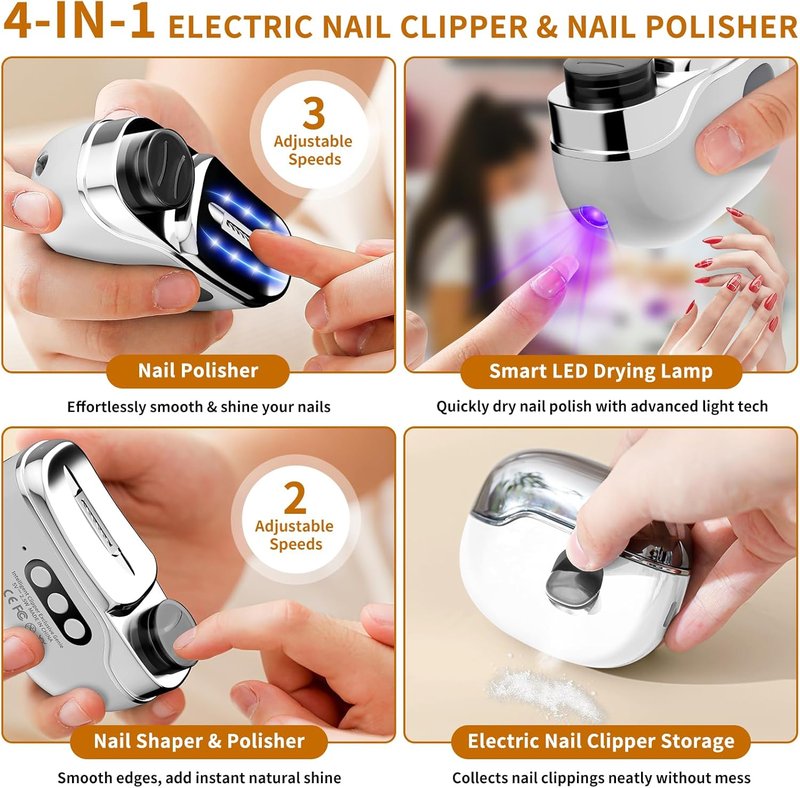 Electric Nail Clipper - 4-in-1 Rechargeable Nail File & Polisher with LED Light | Ideal for Thick Fingernails & Toenails