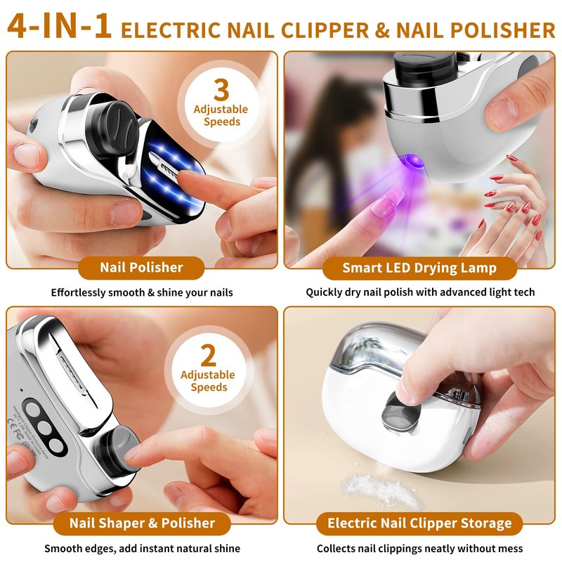 2026 New Electric Nail Clipper for Thick & Brittle Nails, 4-in-1 Rechargeable 3-Speed Nail Trimmer & Polisher with LED Light, Gel Nail Lamp & Storage, Ideal for Seniors, Adults & Kids, Fingers & Toes