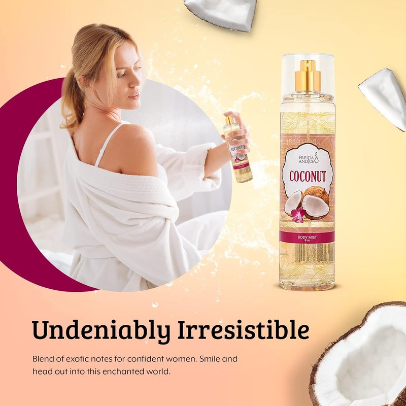 Freida and Joe Luxurious Coconut Body Mist Fine Fragrance, Women's Warm & Cozy Luxury Scented Gifts & Presents, 8oz Fine Mist Spray Bottle (Coconut) – Mother's Day Gift for Mom