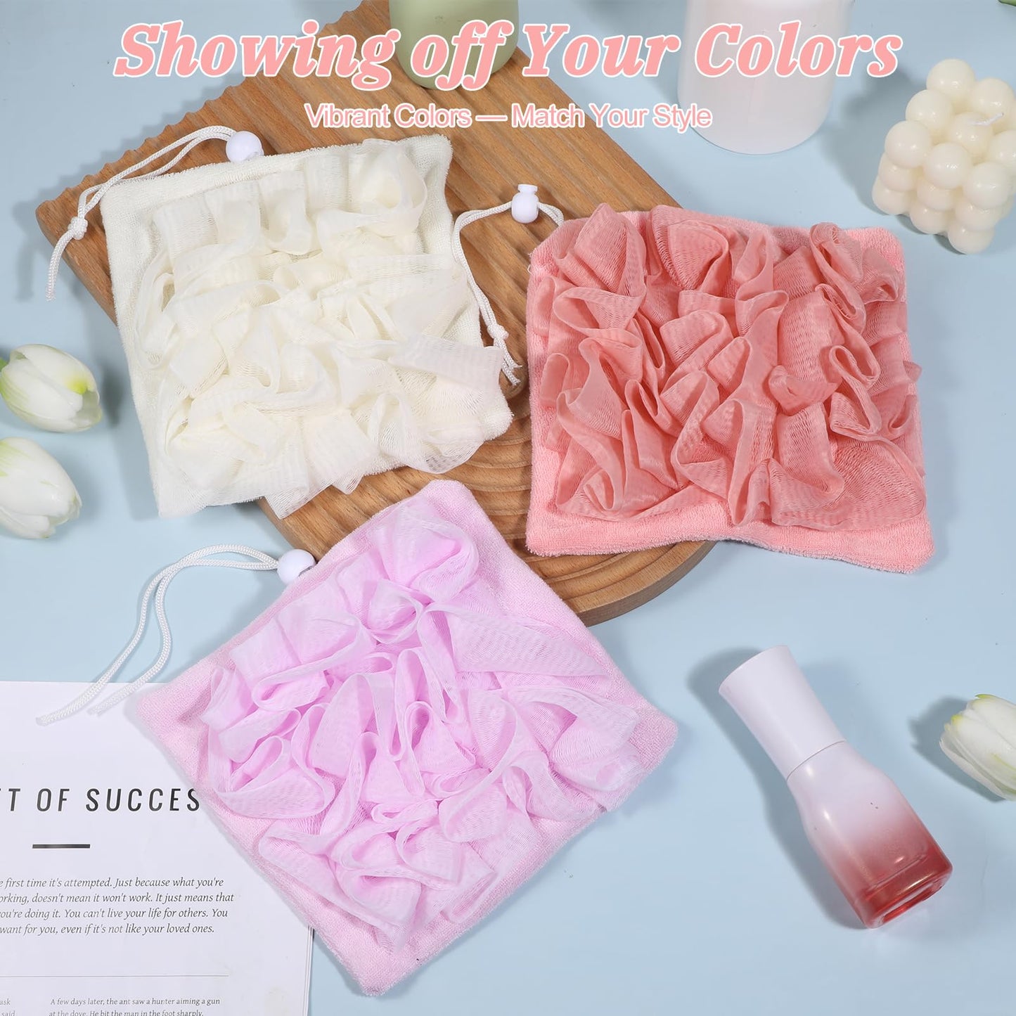 Qianyu 3 Pcs Loofah Soap Bar Loofah 2-in-1 Washcloth Combo Saver Pouch Reusable Exfoliating Shower Mesh Hold Drawstring Cleansing Puff Ball with Soap Pocket for Bathing Body Wash