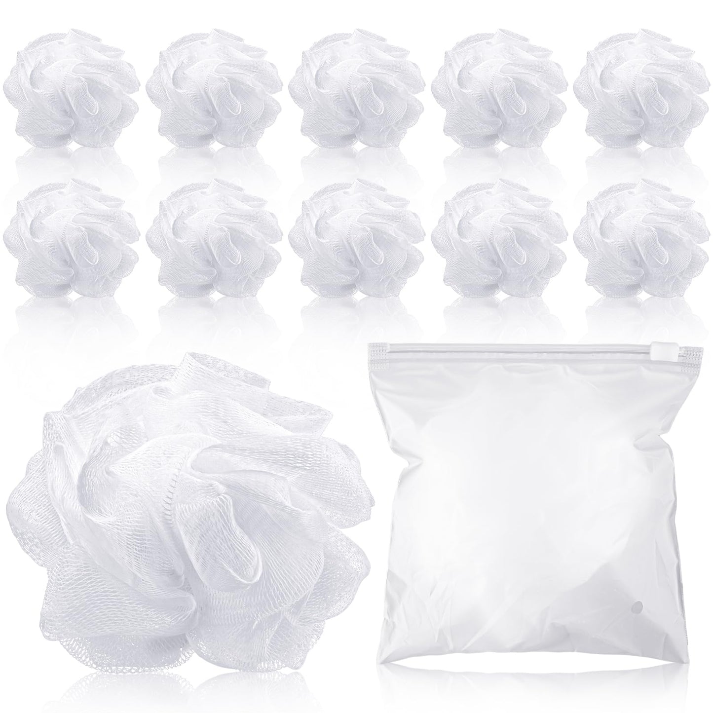 Funnymoom 12 Pcs Travel Size Loofah Individually Wrapped, Small Shower Puff Bath Sponge Pouf Ball Bulk Mesh Bath Puff Mini Loofah Sponge with Case Bulk for Shower Care (50g,White)