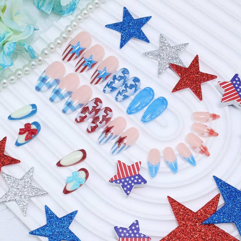 30Pcs French Tip Press on Nails Medium Almond 4th of July Fake Nails with Star & Bow Designs Red White Blue Independence Day Glue on Nails Reusable Acrylic False Nails for Women Patriotic Holiday Nail