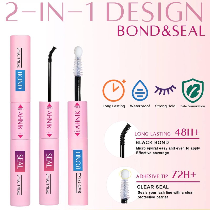 Lash Cluster Glue, 72H Long-Lasting Waterproof & Non-Irritating Lash Bond and Seal, Eyelash Glue for DIY at Home, 5ml Bond + 5ml Seal (1 Pack)