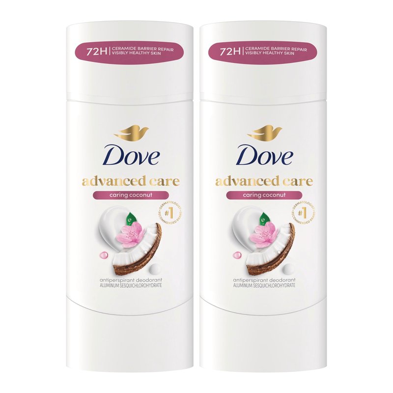 Dove Advanced Care Antiperspirant Caring Coconut, 2 Count Deodorant Stick for Women, for 48 Hour Protection And Soft And Comfortable Underarms, 2.6 oz