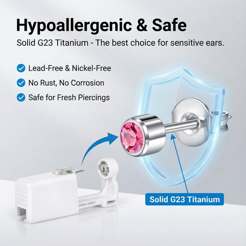 QSKISS G23 Titanium Ear Piercing Kit, ASTM F136 Implant Grade 4mm Pink Studs for Sensitive Ears, Professional Painless Home Piercer, hygienic Disposable with 8 Ear Covers & 10 Clear Studs
