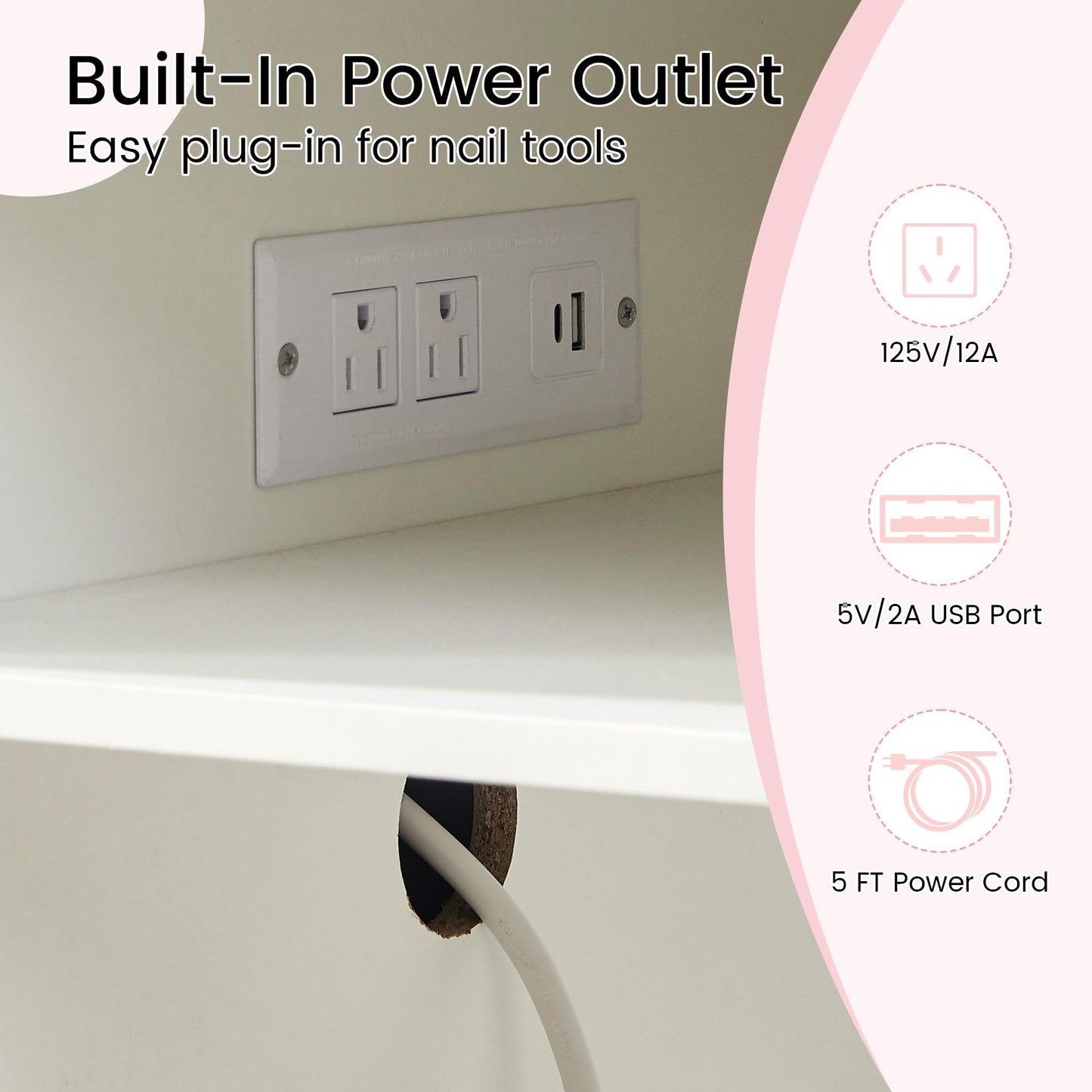 WLLPNG 55.1" Rolling Nail Table for Nail Tech, Manicure Table with Storage and Power Outlet, Portable Nail Desk with Drawers for Professional Beauty Salon Home (White)