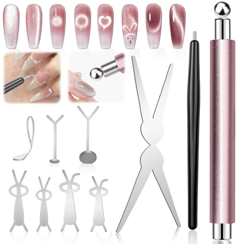 FOWSRHRG 3 in 1 Cat Eye Nail Magnet Set, Magnet Nail Art Pens with Steel Ball Round Beads and Guides, Multi-Effect Cat Eye Gel Nail Polish Magnets for Nail Art DIY Salon Manicure Design (Pink)