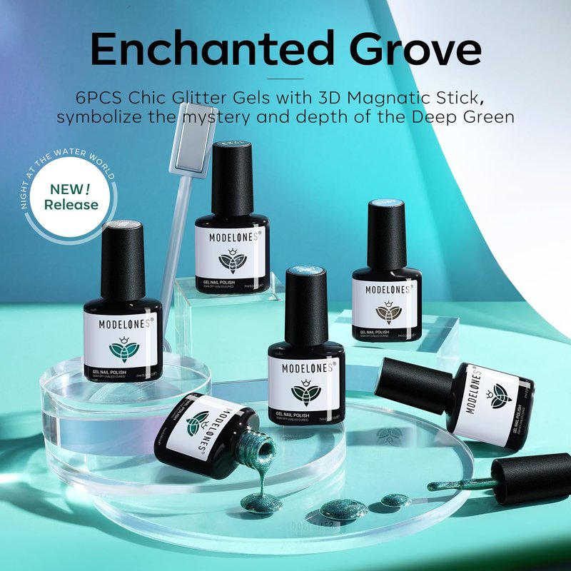 modelones Gel Nail Polish Set, 6 Colors 2026 Spring Summer Blue Green Cat Eye 9D Gel Polish Dark Green Sparkle Reflective Glitter Nail Polish with Magnet Soak Off LED Nail Art Kit DIY