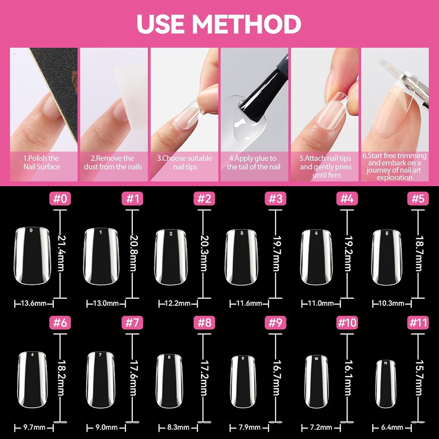 UNA GELLA Short Square Nail Tips - 216pcs Full Cover Clear Press-On Nails | 12 Sizes for DIY Nail Art
