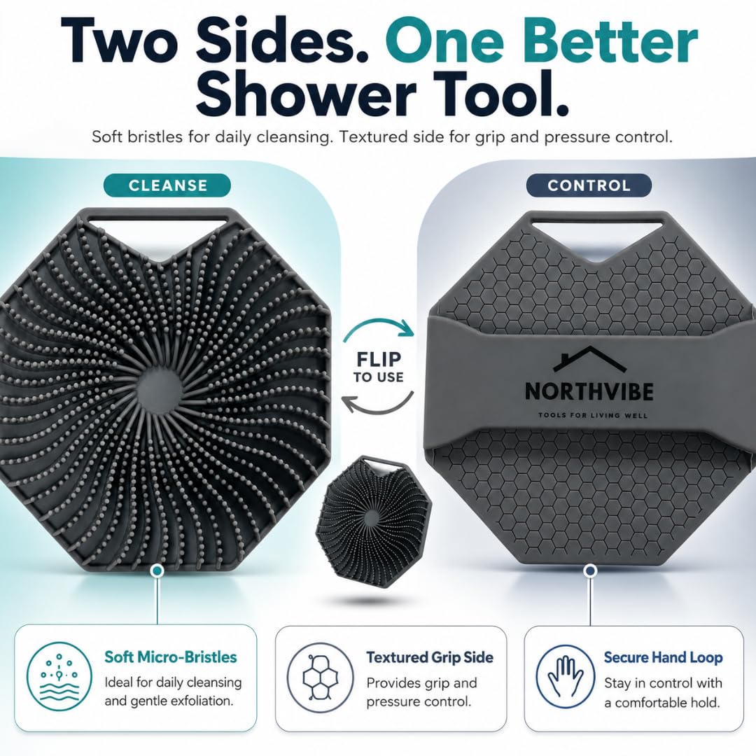 NORTHVIBE Silicone Body Scrubber for Shower, Hygienic Silicone Loofah Alternative, Exfoliating Body Brush with Hand Strap, Quick-Dry Dual-Sided Shower Scrubber, Charcoal