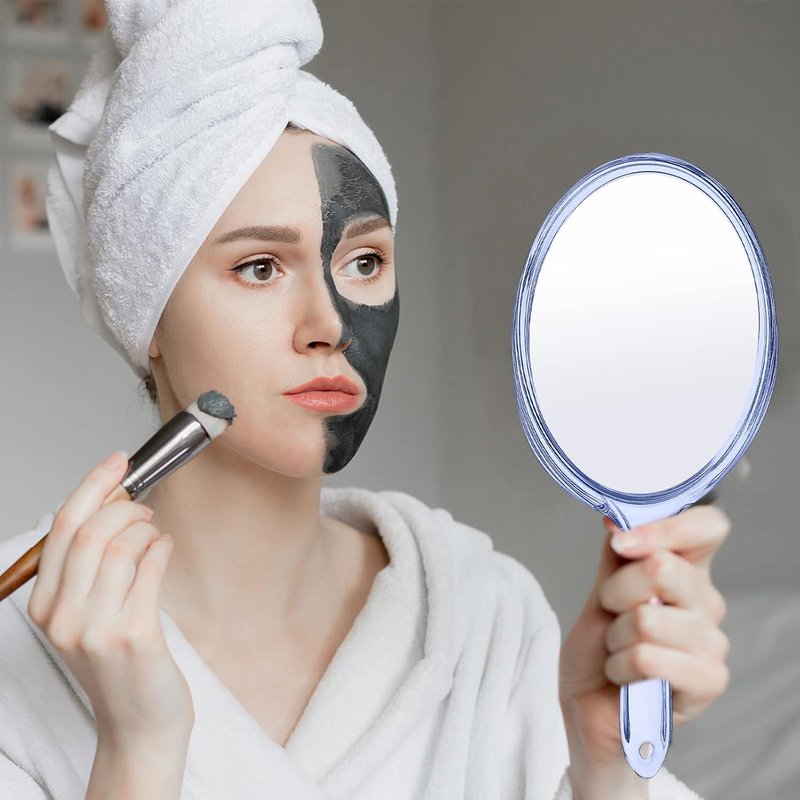 Regine Switzerland Handheld Makeup Mirror - Double-Sided 1X/2X Magnification, Rounded Blue Design