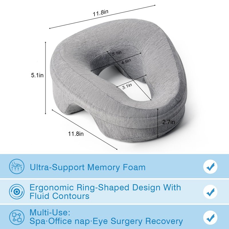 KONOVOLY Face Down Pillow for Bed, Massage Headrest Face Pillow After Eye Surgery, Memory Post-Eye Recovery or Beach Tanning, Prone Sleepers with Breathable Design, Removable Grey Cover(Light Gray)