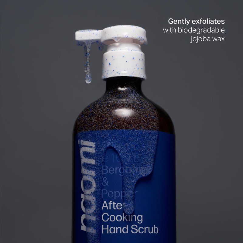 Naomi After-Cooking Hand Scrub | Odor Neutralizing Exfoliating Hand Wash for Kitchen | Removes Garlic Seafood Smells | Gentle Non-Drying Jojoba Pumice Hand Soap (Bergamot & Pepper)