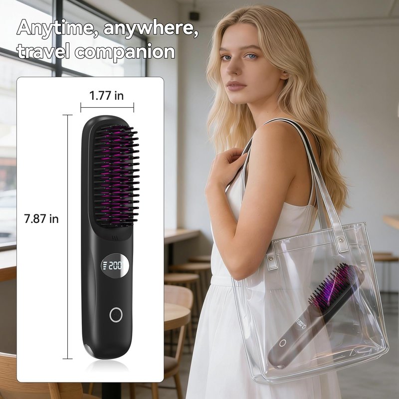 Go Brush Pro 2026 Negative Ionic Cordless Hair Straightener Brush Fast Heating Ceramic Brush for Women Portable Straightener Brush Smooth Frizz Free Hair Brush CP-S8