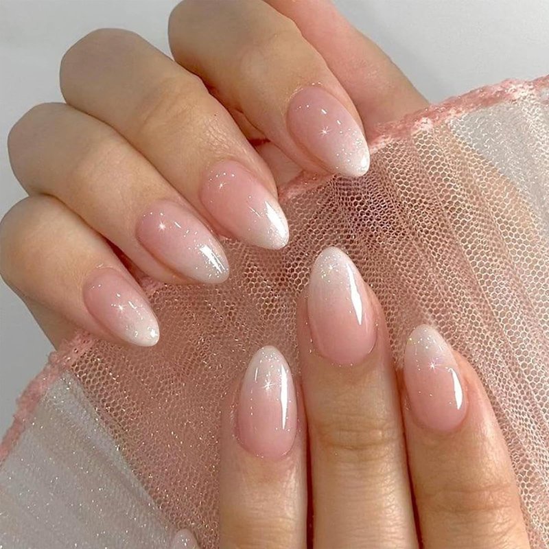 IQXGE Pink Ombre Acrylic Press on Nails Short Almond Acrylic Nails Press Ons Full Cover Glue on Fake Nail with Silver Glitter Designs Reusable Artificial Stick on False Nail for Women 32Pcs