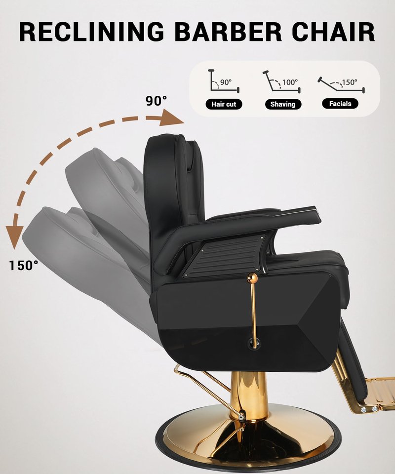 Felivine Barber Chair, Heavy Duty Barber Chair for Home Reclining Barber Chair with Adjustable Headrest & Footrest, All-Purpose Barber Chairs Adjustable Hydraulic 360° Swivel, Black Gold
