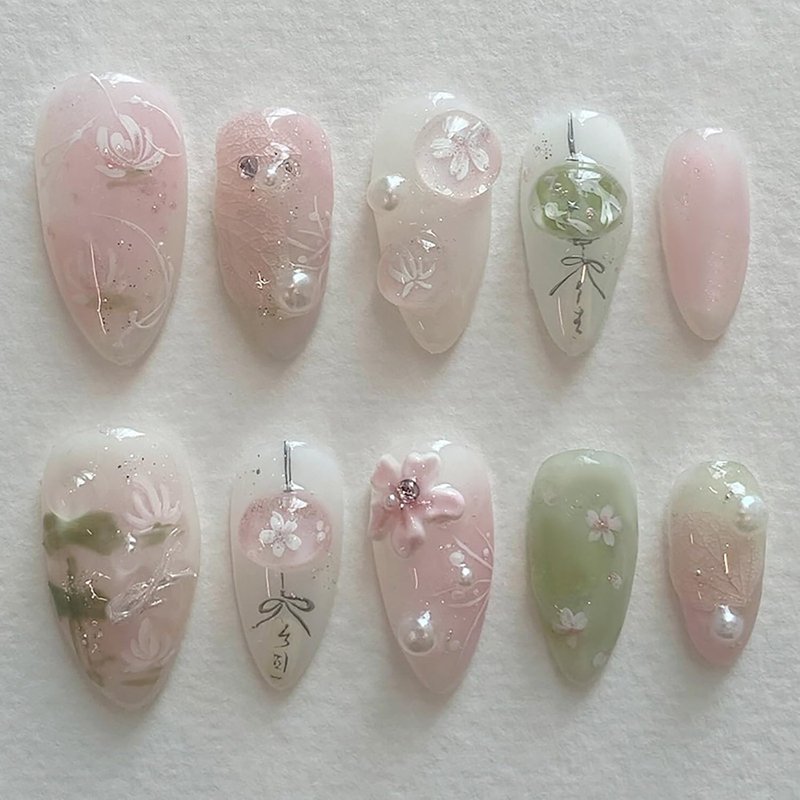 Pink Flower Press-On Nails - Medium Almond Shape with Pearl Design | 24 Pcs Full Cover Spring Fake Nails for Women