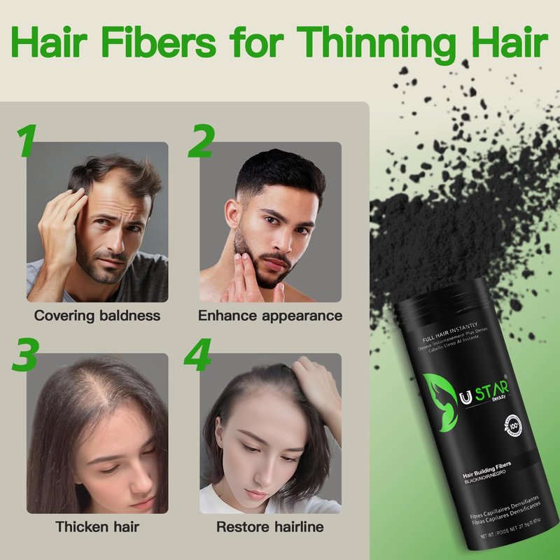 Hair Building Fibers 77.5g, USTAR 5 in 1 Hair Fibers for Thinning Hair with Holding Spray for Instantly Thicker, Fuller Look, Styling Hair Powder for Men & Women (Black)