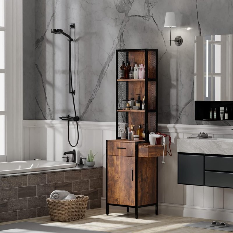 3-Layer Salon Storage Cabinet - Beauty Barber Styling Station Organizer with Drawer & Hot Tool Holders | Rustic Design