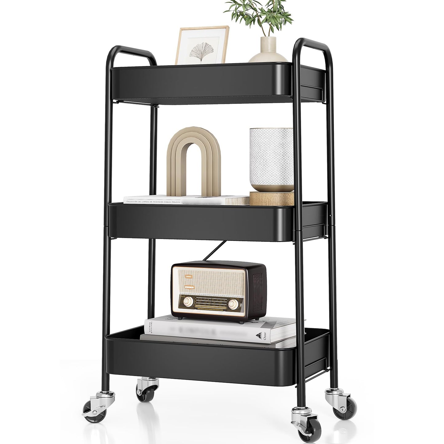 TOOLF 3-Tier Metal Rolling Cart with Wheels, Storage Utility Organizer Cart for Kitchen, Bathroom, Office, Baby Essentials & Makeup - Lockable Casters, Easy Assembly, Large Capacity, Black