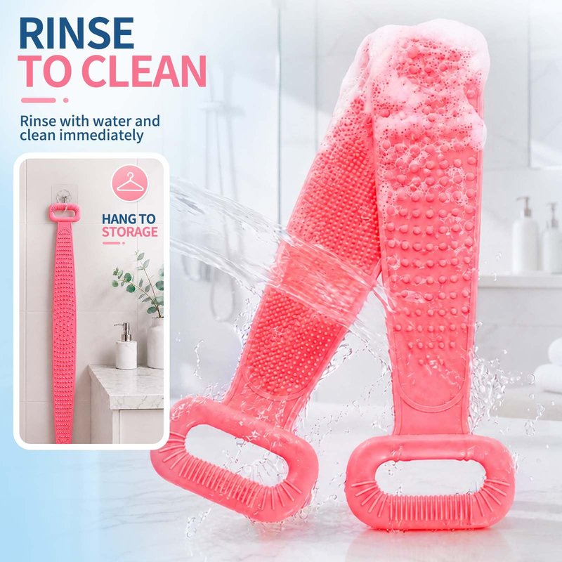 Manmihealth Silicone Back Scrubber for Shower & African Net Sponge Net Set, 36'' Dual-Sided Back Washer & African Long Bath Sponge, Extendable Long Silicone Body Brush (Pink+Pink)