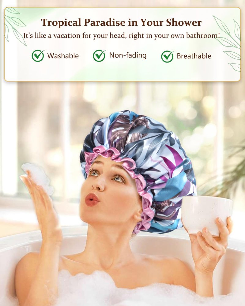 mikimini Large Shower Cap for Women Reusable Waterproof, Hair Cap for Shower with Double Layers, Tropic Style Hair Cover with Elastic Band for Shower suit for Long Hair, Braids