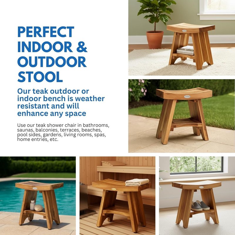 EcoDecors Teak Shower Bench 18", 300 lb Capacity – Waterproof Wood Bath Seat with Shelf, Spa Seating for Adults – Compact Fit for Small Bathrooms & Walk-in Showers – Slip-Resistant Feet