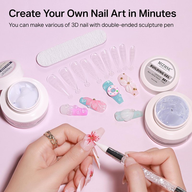 MIZHSE 3D Sculpting Gel Nail Art Kit, 2PCS Clear White Non-Sticky Molding Solid Builder Gel U V LED Hard Gels for Carving Flowers DIY Manicure 3D Nail Design Nail Extensions with Sculpture Pen