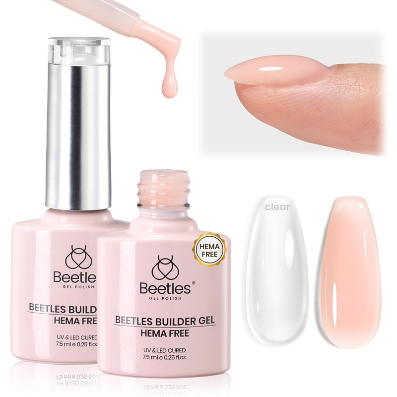 Beetles Builder Gel for Nails - HEMA-Free Clear & Jelly Nude | Apex Strengthening for DIY Nail Extensions
