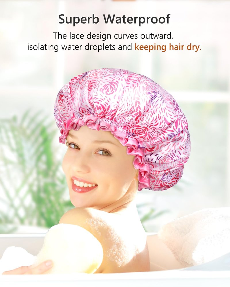 mikimini Shower Caps, Reusable Bath Shower Caps 2 Packs for Women Long Hair, Double Layer Waterproof Bathing Shower Hat for Girls, Floral Print
