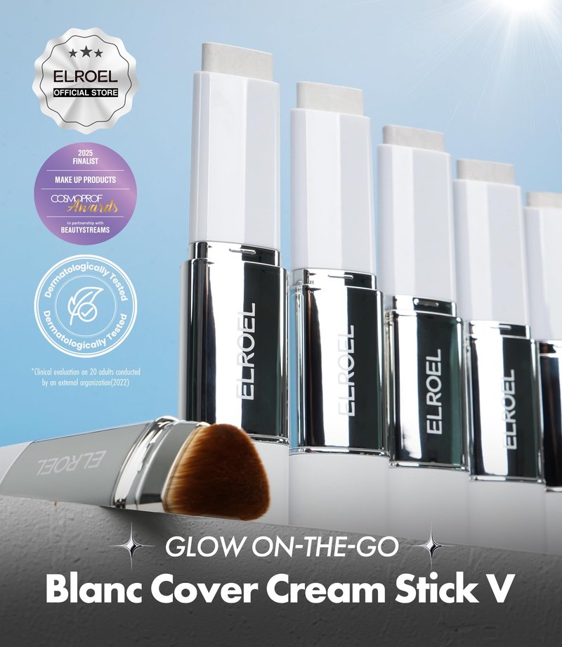 ELROEL Blanc Cover Cream Stick V White - Korean Color-Changing Foundation Stick with Volufiline - Medium to Full Coverage Dewy Finish Base Makeup - Dual-Ended with Detachable Brush (203 Medium)