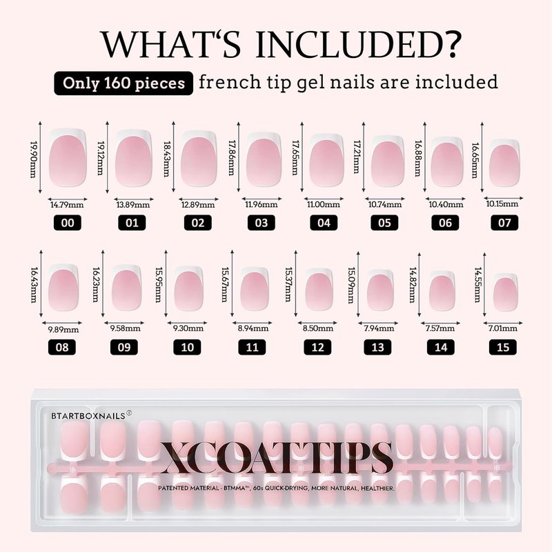 French Tip Press-On Nails | 160 Pcs Pink Square Soft Gel Tips - No Filing Needed, 16 Sizes Included