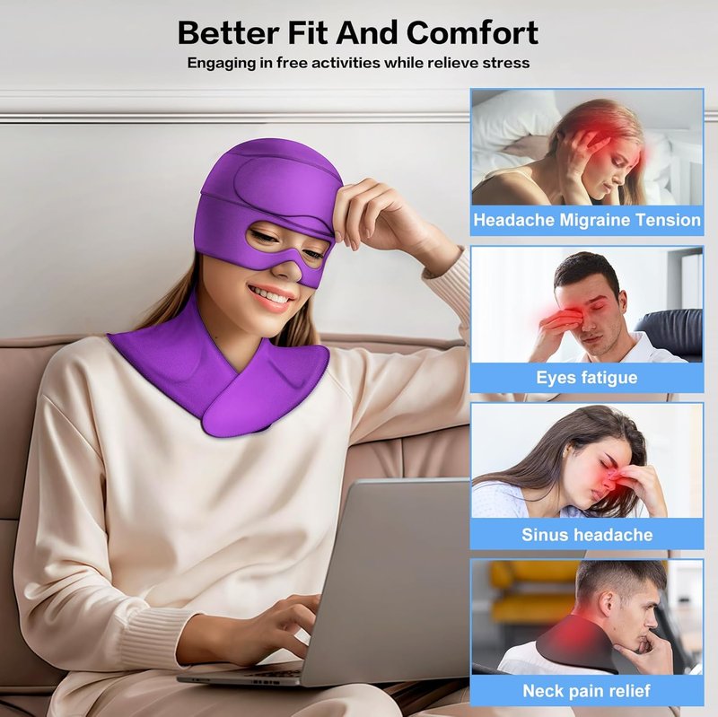 Skiennix 3-in-1 Migraine Relief Cap - Detachable Ice Pack & Eye Masks for Headaches | Purple
